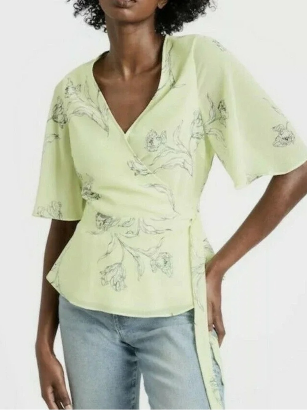 Banana Republic Light Green Floral Wrap Blouse
